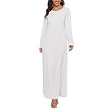 Jugaoge Damen Langarm Muslim Kleid Kaftan Islamisch Dubai Robe Tunika Freizeitkleid Basic Einfarbig Maxikleid Herbst Winter Outfits Weiß XXL-3XL