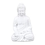 Relaxdays Buddha Figur, Polyresin, wetterfest & frostsicher, Gartendeko, HxBxT: 30x19,5x12 cm, Indoor & Outdoor, weiß