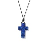 TIANXIAOQWE Einfache Ostern Lapislazuli Kreuz Halskette Anhänger Wachsfaden handgewebt Pullover Kette Zubehör, 45 cm, Stein Holz, Kristall