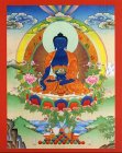 Thangka-Miniposter: Bhaisajyaguru: Der Medizinmeister; wird stets blau abgebildet; in seiner Rechten hält er Heilpflanzen, in seinem Almosentopf bereitet er Arzneien zu. (tib. Sanye Menla)