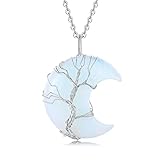 XIANNVXI Opal Halskette Damen Silber Kette Kristalle Mondsichel Ketten Anhänger Kristall Kette Baum des Lebens Natürliche Energie Edelsteine Schmuck Frauen Geschenk