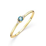 OROVI Damen Goldschmuck, Gold Ring mit Blautopas und 2 Diamanten 0.03 ct, Trilogie Ring, Verlobungsring, Edelstein, Gelbgold 9 Karat (375)
