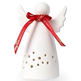 Yeerockal Teelichthalter Engel aus Keramik matt Weiß Statue mit LED Weihnachtsengel Windlicht Belechtung Deko Design LR44 batterien Inklusive