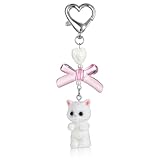 Ouligay Niedlicher Katzen Schlüsselanhänger, Süßer Plüschiger Katzen Taschen Anhänger mit Herz und Schleife, Y2K Plüsch Schlüsselanhänger Katze Bag Charm für Katzenliebhaber