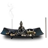 Zen Garten mit Buddha Figur: Nizirioo Dekor Japanischer Räucherstäbchen Halter Buddha Statue mit Natursteinen und Teelichthalter, Sitzende Buddha Statue für Geschenk, Meditation, Entspannung, Dekor