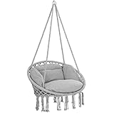 DETEX® Hängesessel bis 150kg Belastbar Boho Stil Wetterfest GS-Zertifiziert Garten 360° Drehbar Grau Hängestuhl Indoor & Outdoor inkl. bequemer Kissen