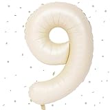 Beige Luftballon 9,Zahlen Luftballon Beige,40 Zoll Weiß Creme Folienballon 9，101cm Sandweiß Zahlenballon 9 Helium Ballon Luftballon 9 Geburtstag für 9 Jahre Geburtstagsdeko Kinder Mädchen Junge