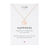 LUUK LIFESTYLE Damenhalskette aus Edelstahl mit Lotus Anhänger und HAPPINESS Spruchkarte, asiatisches Zen Blumen Muster, Yoga-Schmuck, Silber