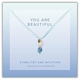 happymaker - Kette Mondstein mit Aquamarin Stein, Halskette mit Edelstein Anhänger, Stoffband mit 18k vergoldeten Perlen, größenverstellbar, handmade in Deutschland