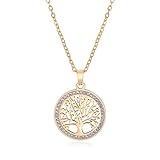 Dreamtimes Baum des Lebens Halskette für Frauen Edelstahl Gold Farbe Clear Zirkon Runde Anhänger Hals Ketten Familie Baum Mode Charme Luxus Schmuck Hochzeit Geschenk (Gold)