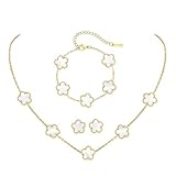 XFSRG 4 Pcs Vierblättriges Kleeblatt Schmuckset Vergoldet Halskette Ohrringe Armband Set Hypoallergenes Zierliche Fünfblättrigem Glücksklee Schmuck Geschenke（Weiß）