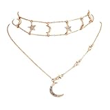 RYMAUP Mehrschichtige Boho-Halsketten mit Stern und Mond, goldene Halskette mit Kristallen, Halsketten mit Halbmond-Anhänger, Sonne-Mond-Sterne-Kostüm Festival Accessoires