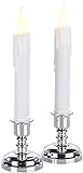 Britesta Kerzenhalter: 2er-Set LED-Stabkerzen mit silbernem Kerzenständer, flackernde Flamme (LED Kerzenleuchter Batterie, Stabkerzen mit Batterie, Tischleuchte)