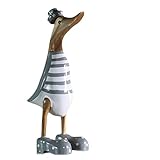 ART-CRAFT Holz Ente Lauf Ente Gartendeko Figur aus Bambus Wurzel und Teak Holz Geringelt grau handbemalt 25cm hoch