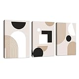 3 Pcs Mitte des Jahrhunderts Geometrische Linien Leinwandbilder Bilder mit Rahmen, Nordisch Boho Weiß Braun Bilder Moderne Wandbilder Schlafzimmer Bild Auf Leinwand Deko für Wohnzimmer 30x40cmx3