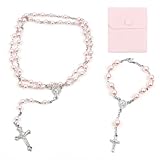 PLCatis Katholische Rosenkranz Kette Armband, Vintage Kruzifix Perlen Rosa Rosenkranz Halskette, Christliche Gebet Perle Rosary mit Samtbeutel, Taufe Kommunion Rosenkranz Hochzeit Party