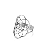 Amaxer Ring mit Blume des Lebens, Mandala, heilige Geometrie, Statement, ausgehöhlt, verstellbarer Bandring, Schmuck für Frauen, Edelstahl (Silber)