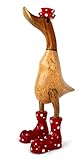 dekoundmeer Ente Figur Holz Dekoration rote Stiefel und Hut, Braun Rot Weiss, 270 x 130 x 100 mm