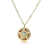 Made by Nami Halskette Damen Gold mit Mandala Anhänger und Edelsteinen in Bunt oder Grün aus Chirurgischem Edelstahl 40 + 5 cm Boho Schmuck Damen Wasserfest & Hypoallergen (Multi)