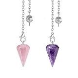 PRAOFRT 2 Stück Pendulum Kristall anhänger Kristalle Pendel Amethyst Rosenquarz Klarer Quarz Pendel für Weissagung Wünschelrute Pendel Kristall Edelsteine Kegel Anhänger Reiki Witchcraft Supplies