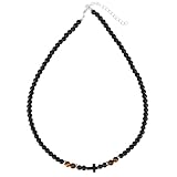 Schwarze Turmalin Kette Perlen Kreuz Halskette für Männer Frauen, schwarzer Naturstein mit Tiger Eye Akzente Halskette, 6mm Stein Perlen 40-45cm (Black Tourmaline)