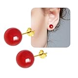 WGXIA Jade Ohrstecker, natürliche runde Perlen Achat Smaragd Granat Obsidian Edelstein Ohrstecker Ball Jade Schmuck Geschenk (rot Achat-Gold-6mm)
