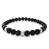happymaker - Männer Armband schwarz, handmade in Deutschland, Turmalin, Lavastein und Sterling Silber, Perlenarmband Herren schwarz mit echten Edelstein Kugeln 6 mm elastisch