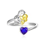 Qings September Saphir Geburtsstein Ring mit Mama Töchter Design 925 Sterling Silber Mutter und Tochter Herz Zirkonia Ring