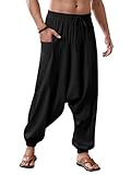 Runcati Herren Baumwolle Haremshosen Baggy Hippie Casual Leinen Yoga Hose Strand Tief Schritt Trouser Schwarz XL