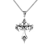 KONFEN Kette Herren Damen mit Anhänger, 24' Kreuz Halskette mit Flammenmotiv Wikinger Kettenanhänger aus Edelstahl für Männer 60cm, Hip Hop Edelstahlkette Kruzifix Necklace Kreuzanhänger Cross Chain