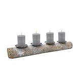 Kerzenhalter auf Baumstamm Shabby weiß - 50 cm - Advents Kerzenständer mit 4 Metall Haltern - Weihnachten Tisch Deko Ständer für Stumpenkerzen Kerzenleuchter Landhaus Stil