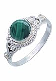 mantraroma Damen Ring Silber mit Stein Malachit Edelstein grün ausgefallen verspielt (MRG-024-10-(52))