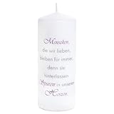 DOLORINO Trauerkerze 'Menschen, die wir lieben, bleiben für immer, denn sie hinterlassen Spuren in unseren Herzen' | Paraffin-Wachskerze | aus Deutschland | Brenndauer: ca. 44 Std. | 15x6 cm