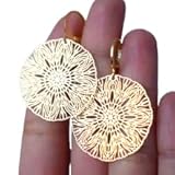 Ornament Ohrringe, Mandala Creolen, Boho hängende leichte Ohrringe, filigrane Ohrhänger, rund, vergoldete Edelstahl, Ohrschmuck