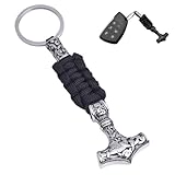 LDZDGD Wikinger Thors Hammer Schlüsselanhänger für Herren, Mjölnir Anhänger mit Paracord, Nordische Mythologie Edelstahl Autoschlüsselanhänger, Geschenkidee für Nordmänner(Black)