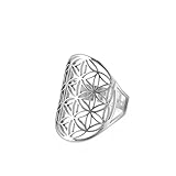 kkjoy Edelstahl Durchbrochener Ring mit Blume des Lebens verstellbar offener Fingerring Versprechenring Schmuck Geschenk für Frauen
