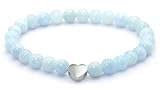 Echtes Aquamarin AAA Edelstein Armband mit 6mm Perlen und Edelstahlherz - verschiedene Längen - Heilstein Schutzstein Talisman Glücksbringer Geschenk (Aquamarin, 20CM)