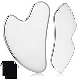 MOSTFUN 2 Stück Gua Sha Edelstahl, 2 Verschiedene Größen Gua Sha Stein mit Tasche, Gesichtswerkzeug, für Gesicht, Augen, Hals, Körper (Silber)