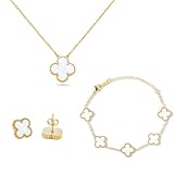 Vierblättriges Kleeblatt Schmuckset, 18K Vergoldet Vierblättriges Kleeblatt Halskette Ohrringe Armband, Vergoldet Zweiseitig, Vierblättriges Glücksklee Schmuckset Geschenke, für Damen und Mädchen