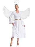 Freebily Damen Engel Kostüm Kleid Lang Engel Flügel Und Heiligenschein Weihnachten Faschingskostüme Krippenspiel Party Outfit Weiß XL