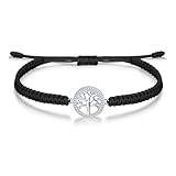 J.Endéar Lebensbaum Armband für Damen Mädchen Schmuck Silber 925 mit Zirkon, Handgefertigtes Geflochtenes Armband Verstellbar, Schwarz