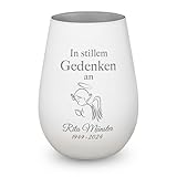 kultdog Trauerlicht Gedenklicht Andenken Windlicht Trauergeschenk Tod Erinnerung Teelichtglas Grablicht Kistallglas weiß Engel mit Gravur Name und
