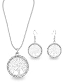 Zeayebsr Baum des Lebens Halskette für Frauen Edelstahl Gold Farbe Clear Zirkon Runde Anhänger Hals Ketten Familie Baum Mode Charme Luxus Schmuck Hochzeit，Mit 1 Paar silbernen Lebensbaum-Ohrringen