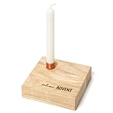 SKONIDA Kerzenständer Advent aus Holz mit Gravur - Kerzenhalter minimalistisch - Kerzenbrett Eiche mit Kupfer Hülse für Baumkerze – Skandi Deko – Mini Kerzenbrettchen – stilvolle Geschenkidee