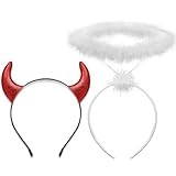 CHarmeFleur Engel Halo und Teufelshörner Stirnband Set, weißes Feder Engel Halo und glitzernde rote Teufelshörner, Halloween Kostüm Zubehör für Frauen Cosplay Party Artikel