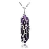 CrystalTears Halskette Damen Silber Lebensbaum Wire Wrap Edelstein Anhänger mit Kette Hexagon Säule Pendant Healing Reiki Energiesteine Schmuck (Amethyst)