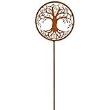 Wetterfester Gartenstecker Lebensbaum in Ring 118 cm aus Eisen - Spirituelle Zen-Gartenfigur für Garten, Balkon, Terrasse - Edelrost Blumenstecker Dekoartikel Metall für Zengarten, Teichdeko, Beete
