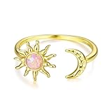 Qings 925 Sterling Silber Sonne Mond Ring für Damen Gold Opal Mond und Sonn Verstellbare Offene Ring Geburtstagsschmuck Geschenke für Frauen