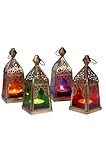 Orientalische Laternen 4 Set Laterne Basil bunt 16cm | Orientalisches Windlicht aus Metall & Glas in 4 Farben | Marokkanische Glaslaterne für draußen als Gartenlaterne in Orange - Blau - Lila - Grün
