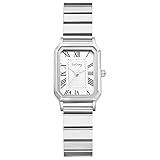 JewelryWe Damenuhr Kleine Rechteckige Uhren: Vintage Römische Ziffern Analog Quarz Armbanduhr mit Silber Schmalem Edelstahlarmband Luxus Elegante Uhr für Damen Frauen
